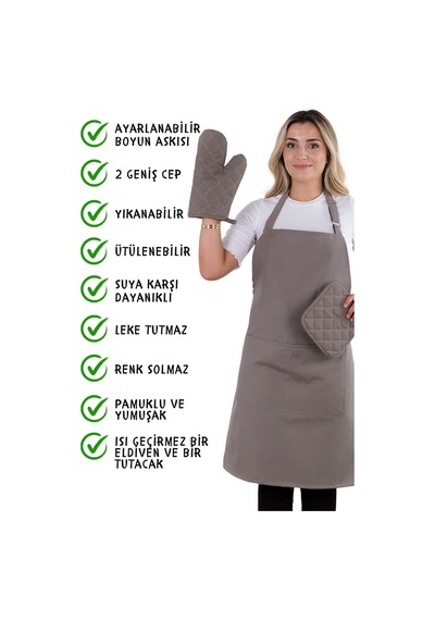 Simple 3lü Set Ayar Askılı Mutfak Önlüğü Seti Eldiven, Tutacak Antrasit