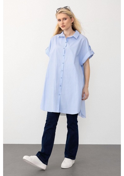 Olcay Yandan Yırtmaçlı Çizgili Poplin Tunik Açık Mavi 9283