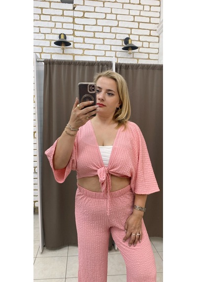 Tuba Toptaş Bağlamalı Gofre Bluz Pembe