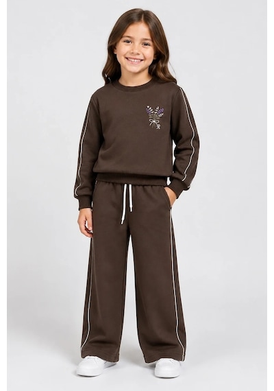 Rony Pony Kids Kız Çocuk Kahverengi Çiçek Nakışlı Omuz Biyeli Sweatshirt Ve Palazzo Eşofman Takımı