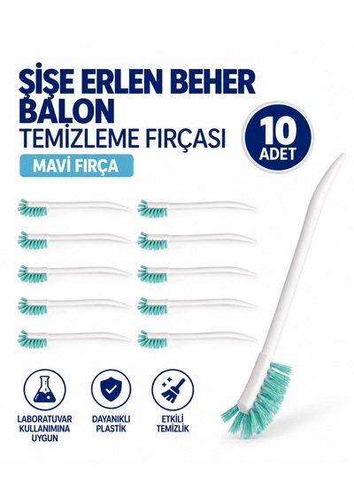 Şişe Erlen Beher Balon Temizleme Fırçası - Mavi Fırça 10 Adet