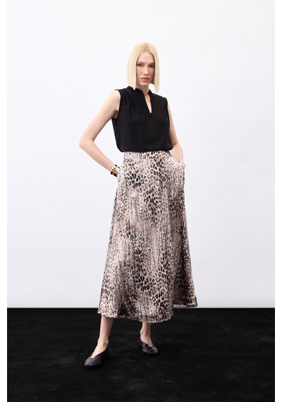 Sateen Leopar Desenli Uzun Etek - Kahve-136780 Kahve