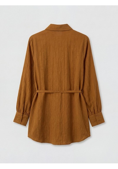 Lcw Everyday Sarı Kemerli Oversize Armürlü Kadın Gömlek Tunik