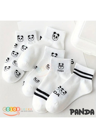 5 Çift Beyaz Panda Desenli Yarım Kolej Kadın Çorap Seti Beyaz