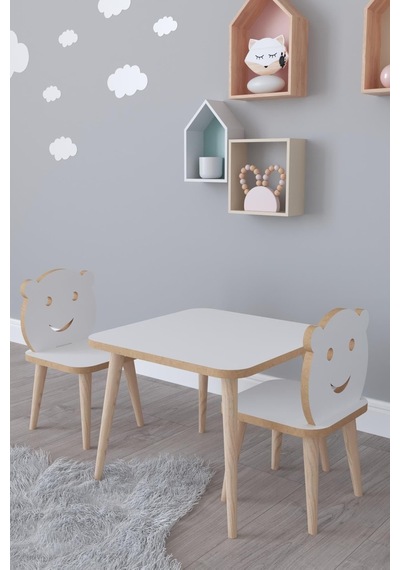 Bambi Yaz Sil Yüzey Çocuk Masa Sandalye Takımı 1 Aktivite Oyun Masası 2 Sandalye - Beyaz