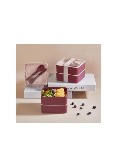 Smart Bölmeli 2 Katlı Çatal Kaşıklı Pembe Beslenme Kabı Kare - Mürdüm 7009