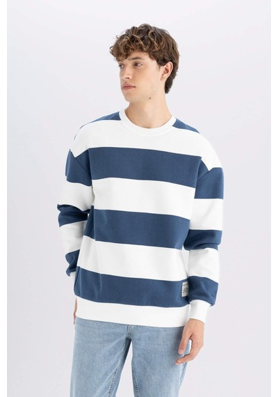 Defacto Boxy Fit Bisiklet Yaka Çizgili Sweatshirt A9066AX24AUBE88 Mavi