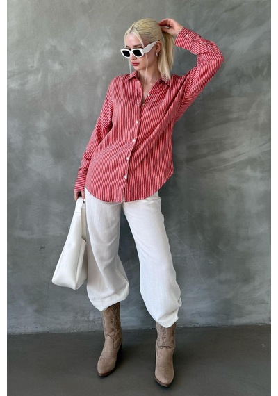 Madmext Kiremit Çizgili Oversize Kadın Gömlek Mg2327 Kiremit