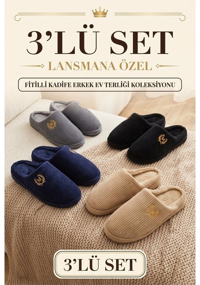 Stwenn 3 Lü Avantajlı Paket Kışlık Peluş Desenli Sessiz Ortopedik Taban Çeyiz Misafir Ev Terliği Set 3 Lü Kadife