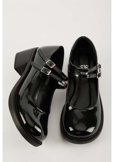 Selin Shoes Sandy Çift Bantlı Rugan Kadın Loafer- Siyah Rugan