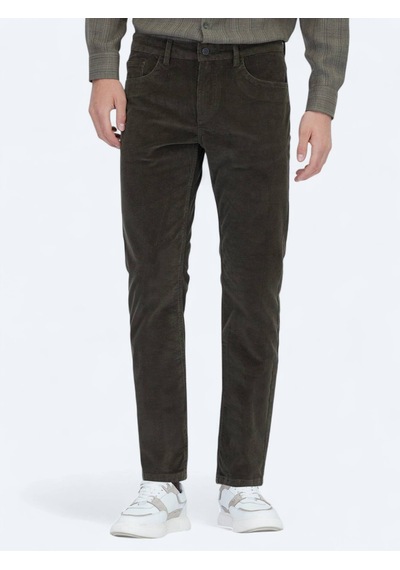 Kip Haki Fitilli Dokuma Slim Fit Kadife Casual Pamuk Karışımlı Pantolon Haki