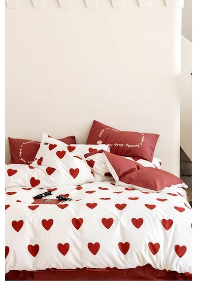 Lastikli Çarşaflı Çift Kişilik Çift Taraflı Nevresim Takımı Love Kırmızı Çok Renkli