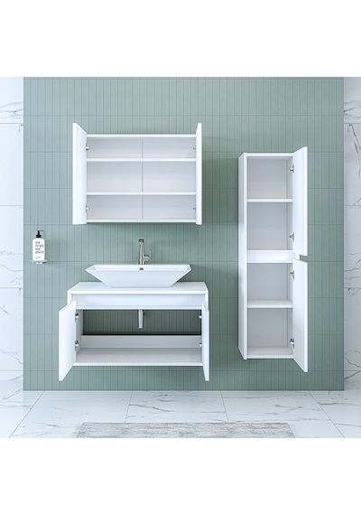 Banos Banyo Roomart Lavabolu Mat Beyaz Mdf 85 Cm Banyo Dolabı+Ayn Mat Beyaz