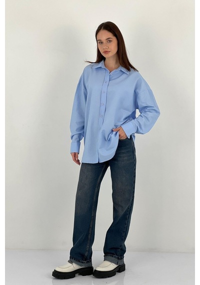 Miss Poem Kadın Polo Yaka Basic Oversize Uzun Kollu Pembe Gömlek Mavi