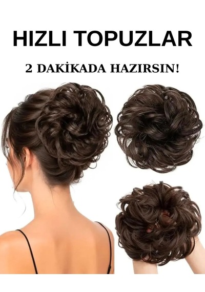 Saçlı Lastikli Topuz Toka Saçı- Kahverengi 01 - Kahverengi