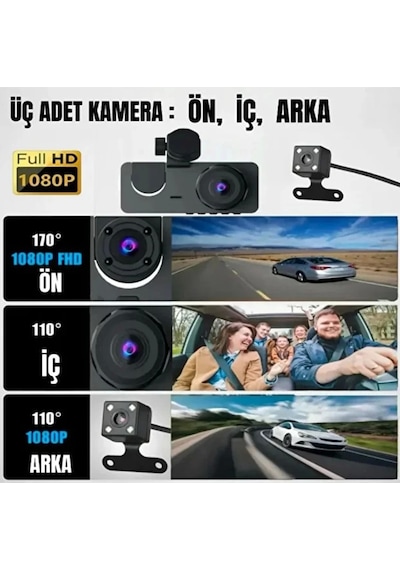 Vtn-24 Üç Kameralı 1080 Full Hd Araç İçi Kamera G-sensor Özellikli Güvenlik Çözümü Geri Görüşlü