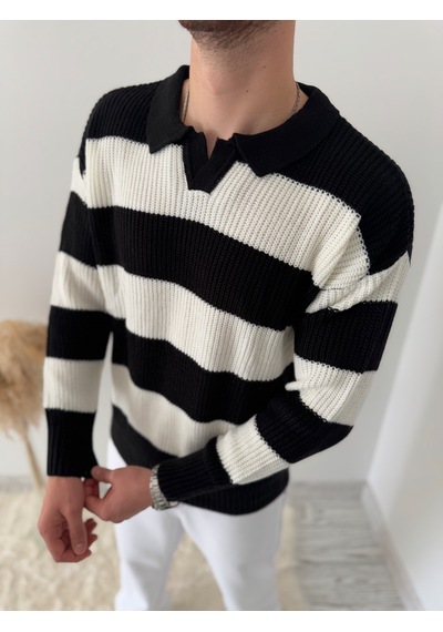 Say-Has Fashion Rahat Kalıp Erkek Polo Yaka Çizgili Triko Kazak Siyah