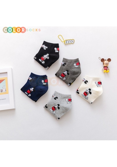 5 Çift Mickey Mouse Desenli Patik Kadın Çorap Çok Renkli