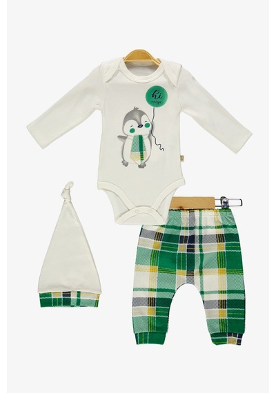 Mnk Baby & Kids Kravatlı Penguen Badi , Pantolon , Şapka Penye Takım Mnk0587 Yeşil