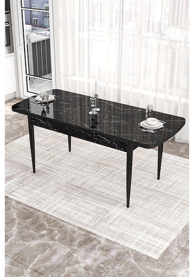 Canisa Kor Serisi MDF 70x114 Açılabilir Yemek Masası Takımı, 6 Sandalye Masa Siyah Mermer Desen Sandalye Mor Canisa Kor Serisi MDF 70x114 Açılabilir Yemek Masası Takımı, 6 Sandalye Masa Siyah Mermer Desen Sandalye Mor