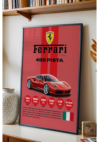 Ferrari 488 Pista Premium Spor Araba Tablosu - Teknik Özellikli İtalyan Otomobil Duvar Dekoru Siyah
