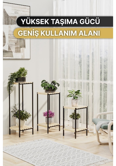 Bino Saksılık 3 Lü Set Ahşap Çiçeklik Dekoratif Lüks Bahçe Mobilyası Saksı Standı Bahçe Balkon Rafı