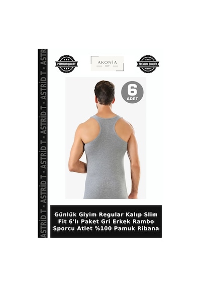 Astrid T Günlük Giyim Regular Kalıp Slim Fit 6'lı Paket Gri Erkek Rambo Sporcu Atlet %100 Pamuk Ribana