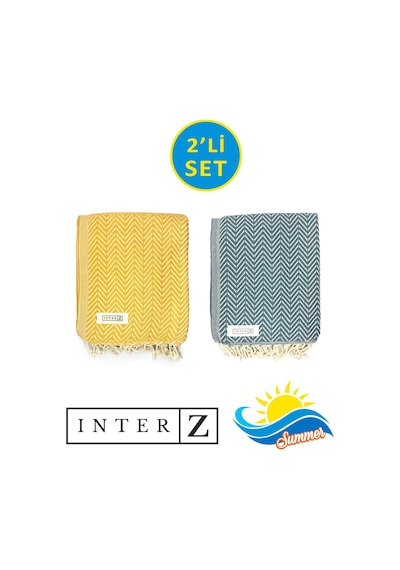 INTERZ 2'li Set Peştemal Plaj Havlusu , %100 Pamuk, Sarı - Mavi