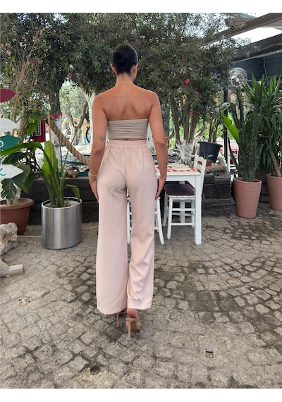WeShaya Bej Likralı Palazzo Beli Lastikli Pantolon Bej