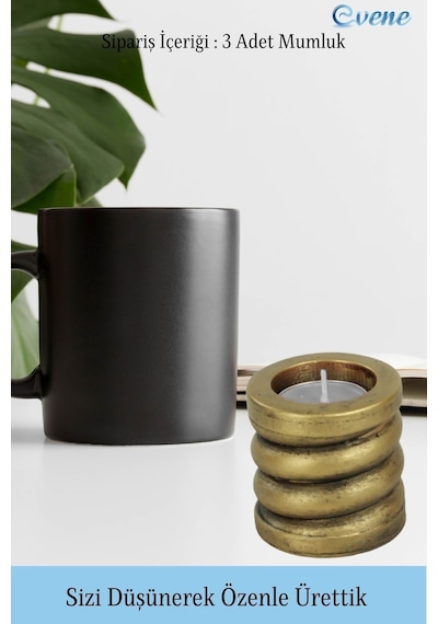 Eskitme Mumluk Şamdan 3 Adet Tealight Ve İnce Mum Uyumlu Spiral Model - Altın Eskitme
