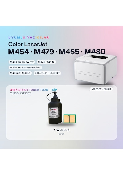 Hp 415x W2030x Toner Tozu + Çip Siyah 160gr / Color Laserjet Pro M454 / M479 Enterprise M455 / M480