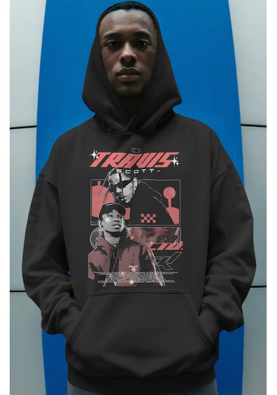 Sevbano Travis Scott Rapper Şarkıcı Ön Baskılı Unisex Oversize Premium Ho Siyah