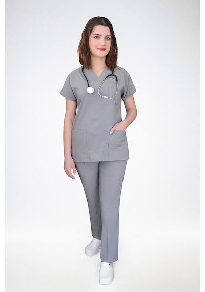 Unisex Soft Likra Gri Yarasa Kol Hemşire Ve Doktor Forma Takım Scrubs Gri Gri