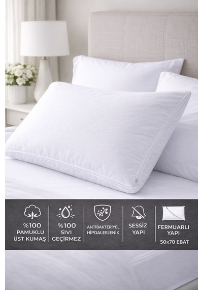 Pamuklu %100 Sıvı Su Geçirmez Yastık Alezi Fermuarlı 2 Adet 50x70 Ebat Fermuarlı Beyaz