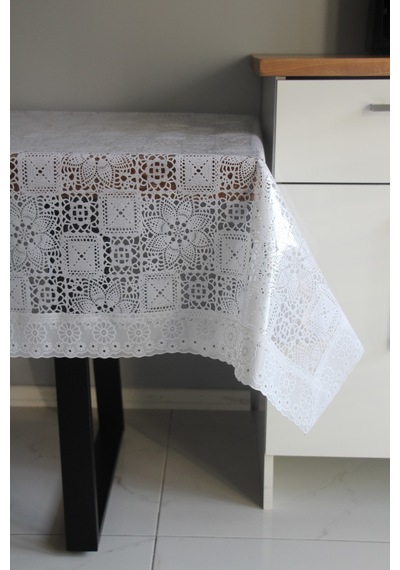 120x150 Cm Dantel Kenar Pvc Muşamba Masa Örtüsü Karemotifdantel-13 Beyaz