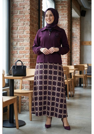 Sayzen Your Shine Ekose Etek Gömlek Yaka Ceket Alt Üst Takım Sy-tstr2601 Bordo