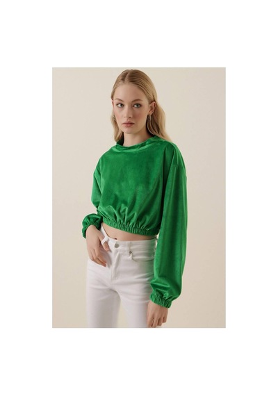 Ckm Moda Amy Kadife Crop Bluz Yeşil