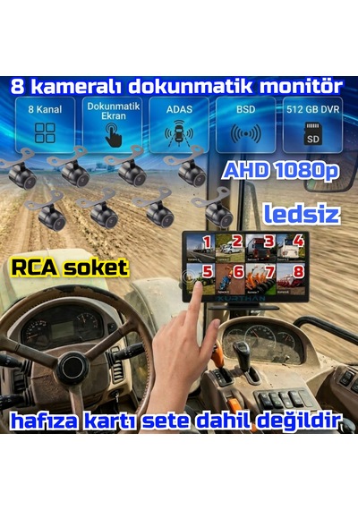 8 Ch 10 İnç Dokunmatik Monitör 8 Adet Ledsiz Ahd 1080p Kelebek Kamera 512 Gb Dvr Adas Bsd 12 Volt