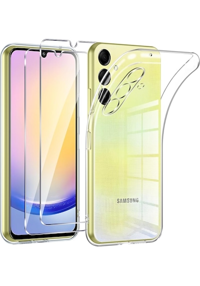 Samsung Galaxy Uyumlu A25 Şeffaf Kılıf + 2 Adet Ekran Koruyucu Cam