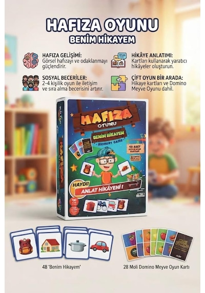 Hafıza Oyunu Benim Hikayem 48 Hikaye Kartı Ve 28 Domino Parçası Eğitici Zeka Geliştirici Kutu Oyunu