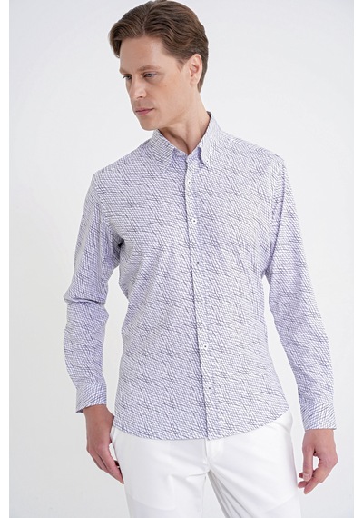 Slim Fit Pamuklu Baskılı Desen Yaka Düğmeli Gri Gömlek G 1603