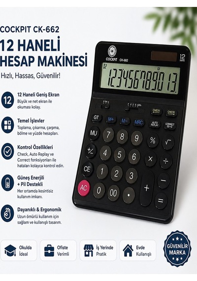 Hesap Makinesi Siyah 14x19 Cm 1 Adet Cockpıt Ck-662 12 Haneli Büyük Boy Hafızalı Büro Masaüstü Hesap Makinası