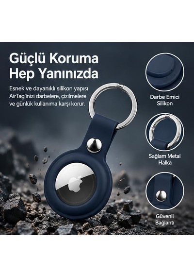 Airtag İle Uyumlu Silikon Anahtarlık Kılıfı A020, Metal Halkalı Lacivert