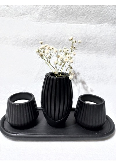 İskandinav Vazolu Tabaklı Tealight Mumluk Set Siyah Siyah