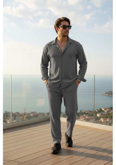 Fifty Color Kırışmaz Yazık Likralı Bürümcük Kumaş Gömlek Ve Pantolon Takım Gri