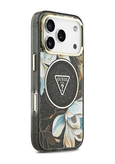 Apple Uyumlu iPhone 17 Pro Kılıf Guess Lisanslı M-safeli Simli Çiçek Desenli Metal Kamera Çerçeveli Kapak Siyah Siyah