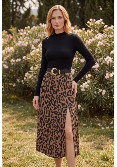 Soulshae Leopar Desenli Yırtmaçlı Kemerli Midi Etek Siyah