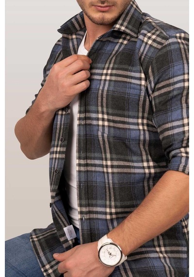 Lacivert Beyaz Oduncu Slimfit Erkek Gömlek Lacivert - Beyaz