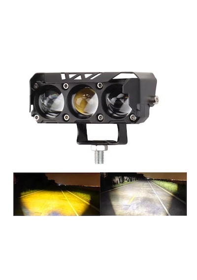 Motosiklet Ve Elektrikli Bisiklet Uyumlu 12-80 Volt 3 Mercekli Çift Renk Led Projektör Sis Farı Sarı-beyaz Renk 4 Modlu Tekli Paket