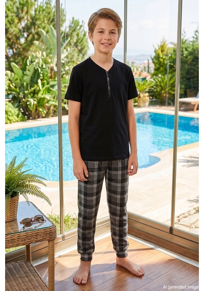 Remsa Genç Erkek Çocuk Kısa Kol Şortlu Pijama Takımı 4377 Siyah